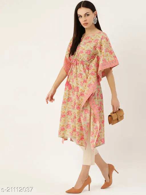 Green and Pink Cotton Kaftan Kurti, solid combo, three-quarter sleeves, Indian fashion