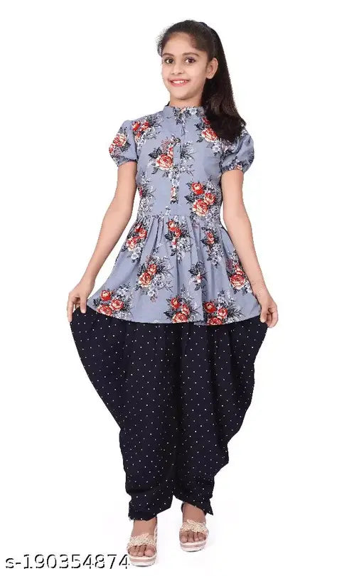 Printed crepe anarkali girls top and dhoti pants set for 4-16 years, Indian clothing set