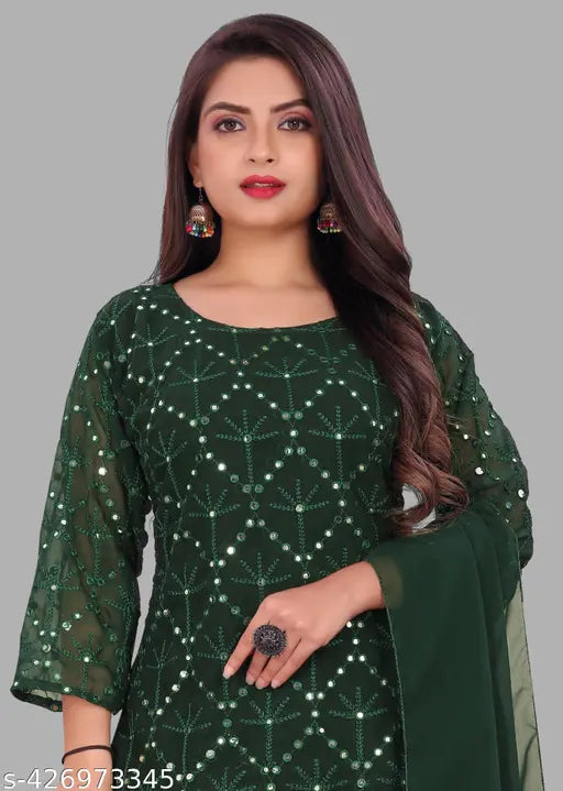 Green Georgette Kurti Sharara Set with Sequin Embroidery - Indian ethnic wear for wedding festivals and parties. Perfect all-season attire for women. Single size set available in S-XXL. Embellished design, three-quarter sleeves. Made in India