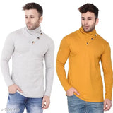 Grey cotton-blend solid shawl collar men's t-shirt pack with 2 long sleeved S, M, L, XL sizes from India on display