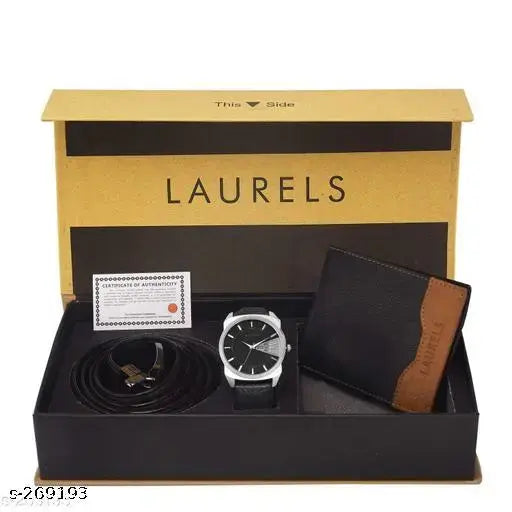 Classic free size belt wallet and watch combo, brown leather accessory set