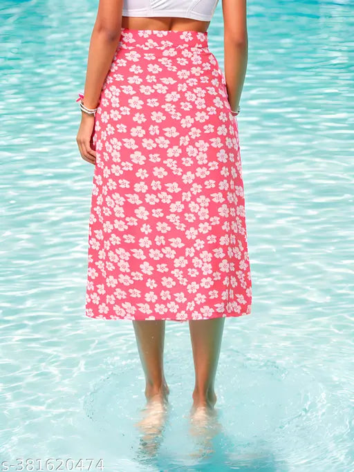 Pink printed Georgette skirt with lining, size L (waist 30in, length 38in), Indian origin