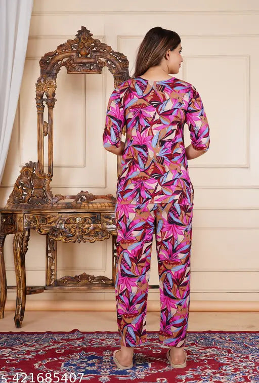 Rayon printed night suit top and pyjama coord set, stylish sleepwear for women, India-made