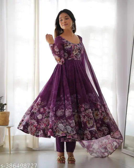 Pure soft Organja silk fully flair Kali pattern and canvas patta Anarkali set in black, pink, wine, and rama. Black organza sleeves, micro cotton inner, and dupatta with lace work. Ready-to-wear Indian attire with matching pent