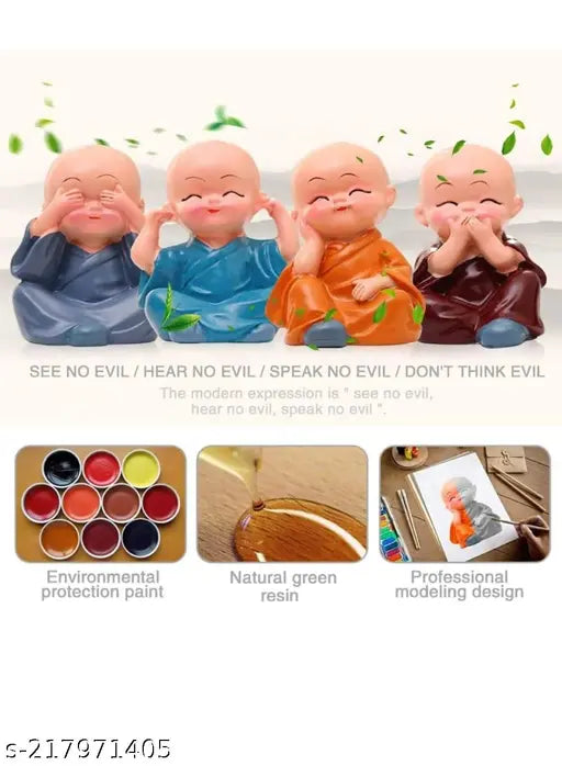 Multicolor resin Buddha monk statues set of 4, intricately handcrafted for home decor or gift-giving