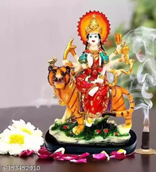 Multicolor marble-look Durga Mata statue, poly resin handicraft. Ideal for Pooja room or home decor." (91 characters)