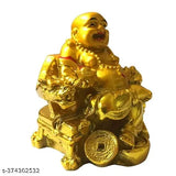 Gold resin Feng Shui laughing Buddha statue with coin and ingot, symbolizing wealth and prosperity