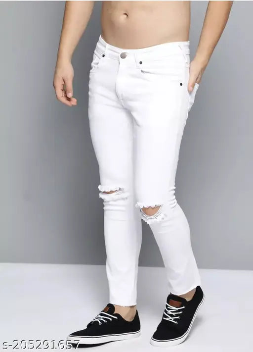 White cotton blend stretchable slash knee jeans for men and boys, dyed/washed with knitted comfort and flexible knee cut. (India)