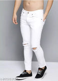 White cotton blend stretchable slash knee jeans for men and boys, dyed/washed with knitted comfort and flexible knee cut. (India)