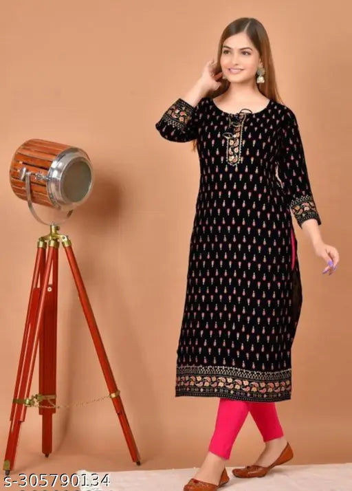 Rayon printed kurti for women, three-quarter sleeves, vibrant Indian print, size S (36in bust, 42in length)