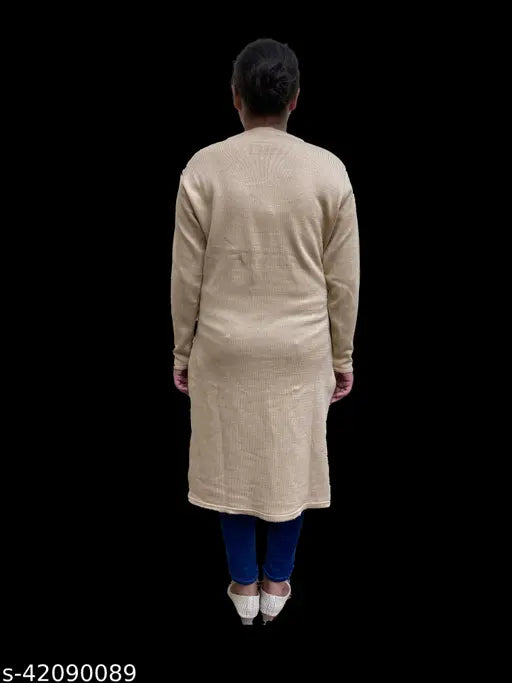 Women's A-line solid beige woolen kurti with long sleeves, single pattern, XL size from India