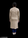 Women's A-line solid beige woolen kurti with long sleeves, single pattern, XL size from India