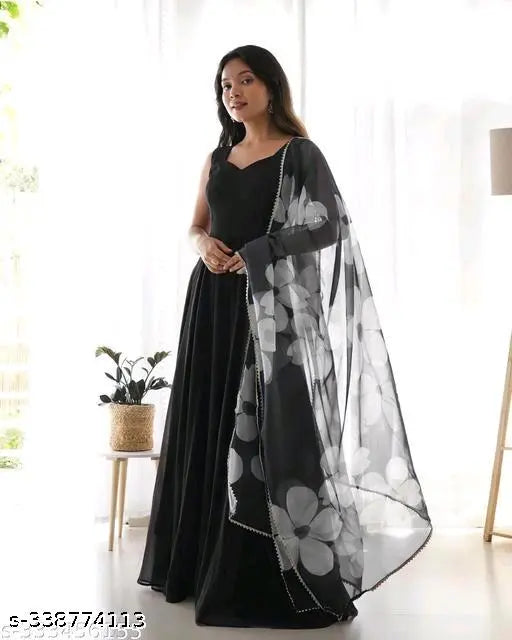 Georgette flowers printed kurti in attractive three-quarter sleeves, Indian fashion on mannequin