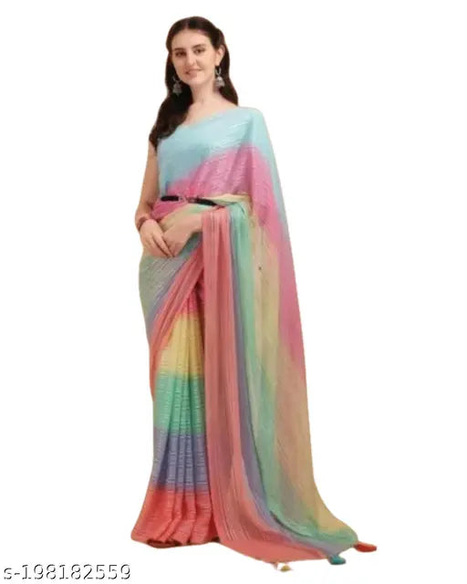 Multi-colored Georgette sari with velvet running blouse, self-design sequined pattern, Indian origin