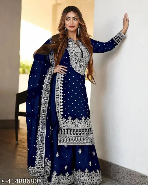 Heavy embroidery Georgette Top-Gharara and dupatta set, ready to wear Indian bridal collection with long sleeves