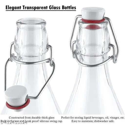 Clear glass home brewing bottles, pack of 4 with airtight rubber seal flip caps, suitable for carbonated drinks like kombucha, soda, and juice