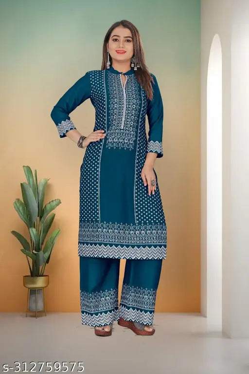 Rayon women's printed work fancy kurta set with palazzo bottoms, three-quarter sleeves, single size S (36in bust, 32in waist, 38in hip, 46in length) and M (38in bust, 34in waist, 40in hip, 46in length) - India origin