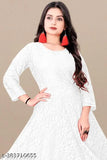 White net Anarkali gown and kurtis for women, self-designed with three-quarter sleeves. Embroidered Indian wedding or party wear