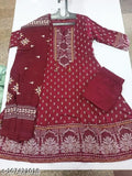Rayon Anarkali 3-piece set: Women's kurti, duppata, and bottomwear in printed style, ideal for a graceful look, size S-XXXL