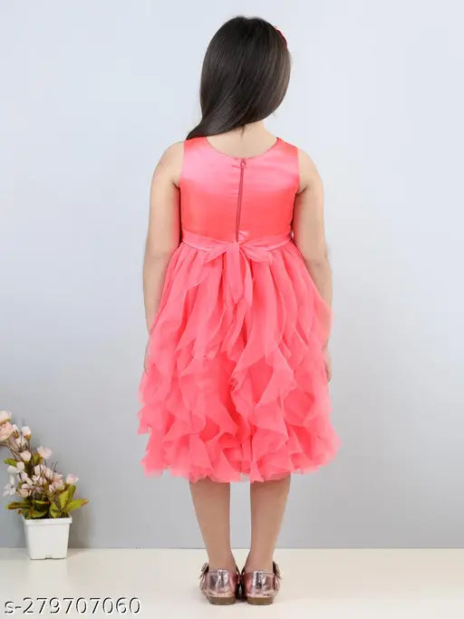 Pink net ruffle knee-length dress for girls party wear, embellished with toy balloons design