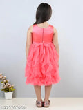 Pink net ruffle knee-length dress for girls party wear, embellished with toy balloons design