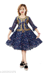 Embroidered crepe frock dress for kids, printed pattern on three-quarter sleeves, 7-10 years size, Indian origin