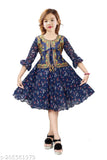 Embroidered crepe frock dress for kids, printed pattern on three-quarter sleeves, 7-10 years size, Indian origin
