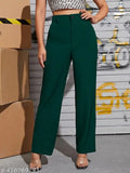 Green cotton blend bell-bottom trousers for women, solid design with front seam detail and elastic waistband. Ankle length with slim fit and stretchy fabric, suitable for casual or office wear. Made by Marc Laurent in India