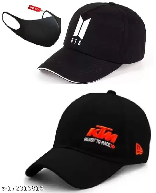 Black and red embroidered K-pop BTS caps with black polarized masks, pack of 3 for men and boys
