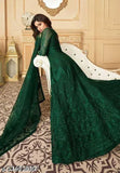 Green embroidered net gown, long sleeves, free size (44in bust, 58in length), Indian origin