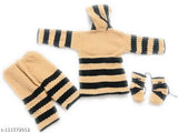Cream and brown woolen sweater set (3pcs suit) for unisex babies (1-2 years), self-design with hoods and long sleeves, perfect for winter/semi winter