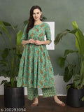 Green cotton casual kalamkari-printed Kurta set with matching palazzos, featuring round neck and three-quarter sleeves, country of origin: India