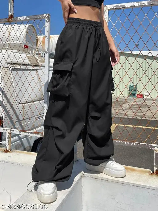 Black polyester women's loose fit high waist cargo pants, ideal for casual outings and adventures