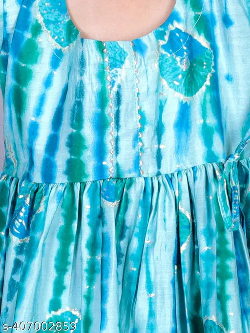 Green cotton tie-dye, golden foil print Anarkali/Flared Kurta & pant set for girls. Soft fabric ensures comfort and air circulation. Indian kids clothing, size 18-24 months