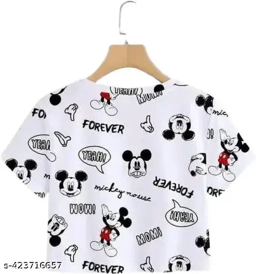 Printed Mickey Mouse Women's Crop Top T-Shirt, 95% polyester, 5% spandex, lycra fabric, short sleeves, graphic pattern