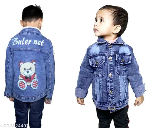 Blue denim jacket for kids, solid pattern, long sleeves. Kid wearing stylish winter wear