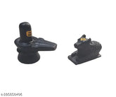 Handcrafted black marble Shivling and Nandi idols, hand-painted tilak - Indian artisan made, set of 2 pieces