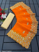 Georgette glass mirror Bollywood saree, Indian wedding party festive wear with delicate embroidery and mirror embellishments