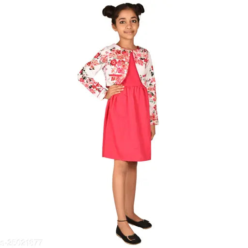Green floral print polyester girls dress with contrast jacket, 2-13 years sizes available, India origin