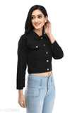 Cotton blend black jacket for women, solid design in long sleeves - India origin