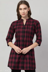 Cotton checked kurti top with pleats and three-quarter sleeves, India-origin women's dress for XS to XXXL sizes
