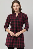 Cotton checked kurti top with pleats and three-quarter sleeves, India-origin women's dress for XS to XXXL sizes