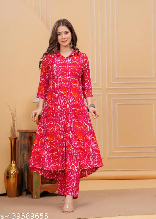 Viscose Rayon printed red Kurti & palazzo co-ord set 007, stylish ethnic wear for women