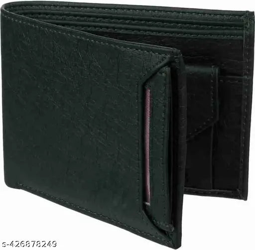 Black faux leather men's wallet with 8 card slots, classy design, and 3 compartments. Durable and perfect gifting option, originating from India