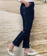 Dark blue stretchable premium denim jogger jeans for women (high/mid/low waist), ankle length. Made in India