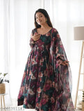 Premium black floral Georgette silk festival gown with dupatta, elegant outfit for various occasions