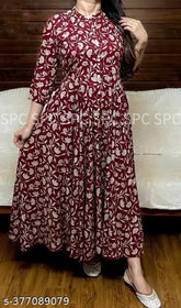 Maroon rayon printed sleeve top - Three-quarter sleeves, ankle length, India origin