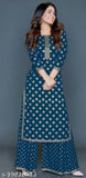 Cotton kurta plazo set with printed net palazzos, perfect for daily wear in three-quarter sleeves