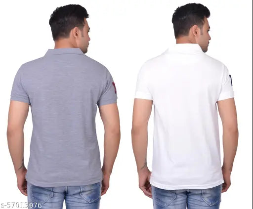 Cotton blend polo neck T-shirts (L, XL) from La MIlano - Solid color, short sleeves, lace opening, side cuts, symbol on chest