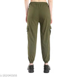 Grey cotton lycra cargo trousers for women, ankle fit workout joggers with pockets